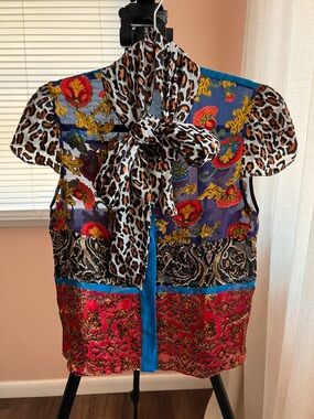 Alice + Olivia Patchwork Floral & Leopard Print Tie-Neck Blouse